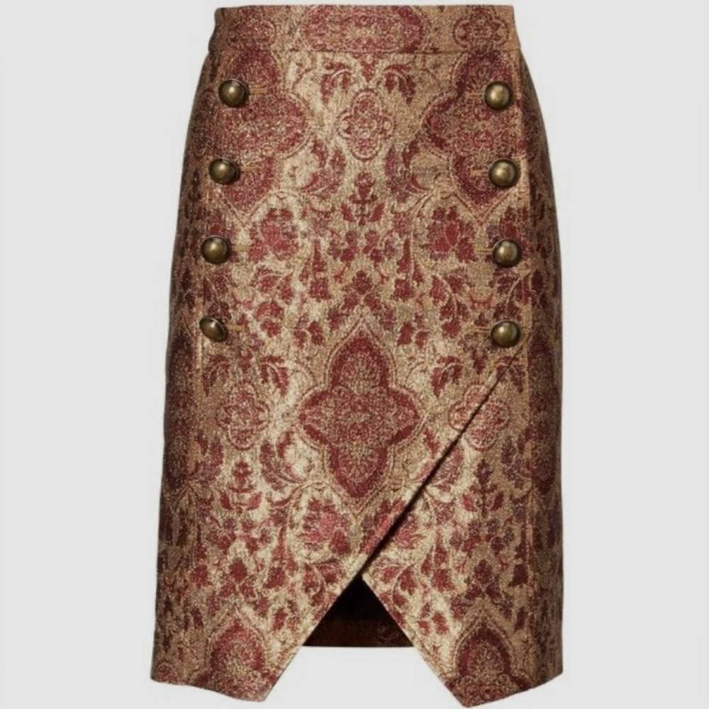 Brocade Gold and Burgundy Pencil Skirt with Button Accents